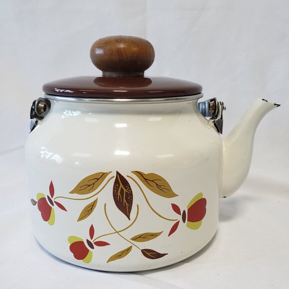 Hall Enamelware Autumn Leaf Teapot Jewel Tea Pot Enamel Metal Kettle Round Wood - Picture 2 of 16